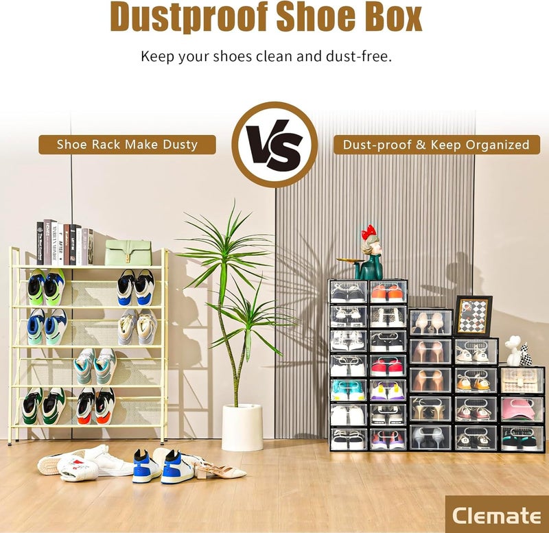 Clemate 15 Pack Shoe Storage Boxes, Clear Plastic Stackable Shoe Organizer for Closet, Shoe Box with Magnetic Door, Foldable Shoe Storage Bin, Sneaker Storage Box Shoe Rack Container Holder, Size 9 - Image 5